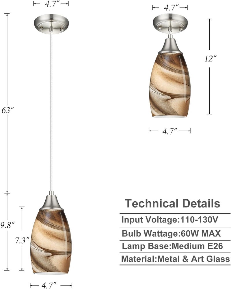 karyfine Mini Pendant Lights Kitchen Island Light Brown Glass Lamp Shade Hand Blown Glass Pendant Light with Brush Nickel Finish Adjustable Cord for Kitchen Over Sink, Dining Room (Light Brown-1P) - Image 1